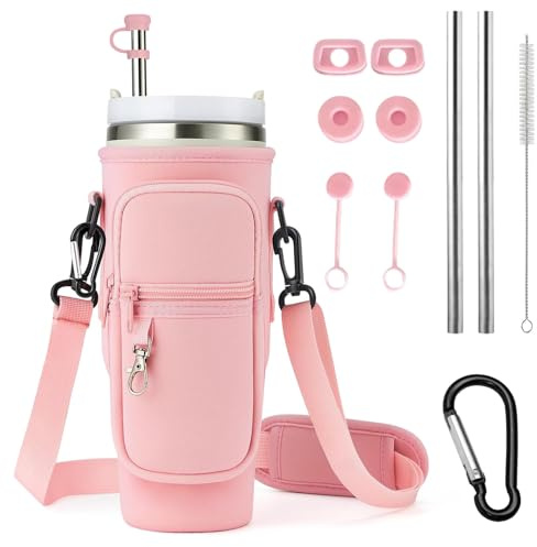 Water Bottle Carrier Bag for Stanley Cup 40oz with Phone Pocket & Strap, Water Bottle Holder Pouch with Straw Brush Cover and Leak Proof Accessories and Carabiner Clip, Personalized for Women