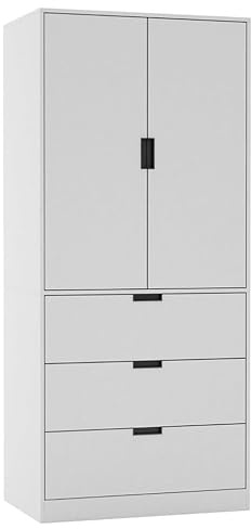 URBNLIVING 2 Door 3 Drawer Black White Oak Grey Modern Wardrobe Furniture with Clothes Hanging Rail Storage Shelf for Home Bedroom Organiser Unit H180cm x W80cm x D50cm