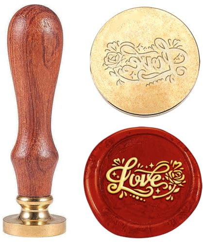 Hobbspring 1 sceau de cire vintage Love - 25 mm - Tête de tampon amovible en laiton - Avec poignée en bois - Pour enveloppes, invitations, décorations de mariage, décoration de bouteille