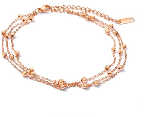 Glintara Ankle Bracelets for Women, Three-layer Women's Anklets, Barefoot Anklet with Round Ball Pearl, Flexible Adjustable Ankle Chain, Multilayer Beach Foot Chain, Summer Foot Jewellery - Rose Gold