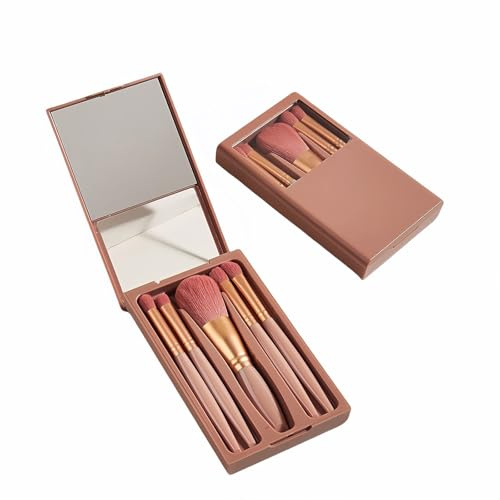 5-Piece Professional Makeup Brush Set with Mirror & Travel Case Hypoallergenic Vegan Bristles for Sensitive Skin Luxury Gift-Ready Box,Portable Cosmetic Kit for Brides,Travel,On-the-Go Touchups (Red)