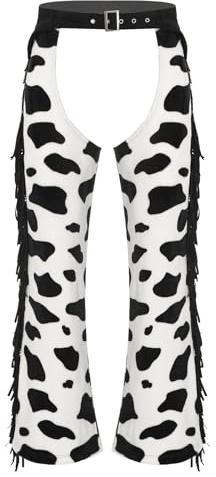 FEESHOW Mens Suede Fringe Cowboy Western Chaps Cow Print Pants Party Costume Disco Outfits Black White S