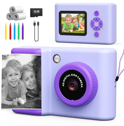 Tosaju Appareil Photo instantané pour Enfants avec Papier d'impression et Carte TF 32 Go caméra vidéo avec stylos de Couleur Cadeau d'anniversaire de Noël pour Violet