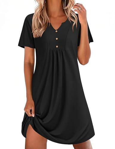 Ekouaer Nightgowns for Women Cotton Night Gowns Pleated Nightshirts Henley V Neck Sleepshirts Short Sleeve Sleepwear Black XX-Large