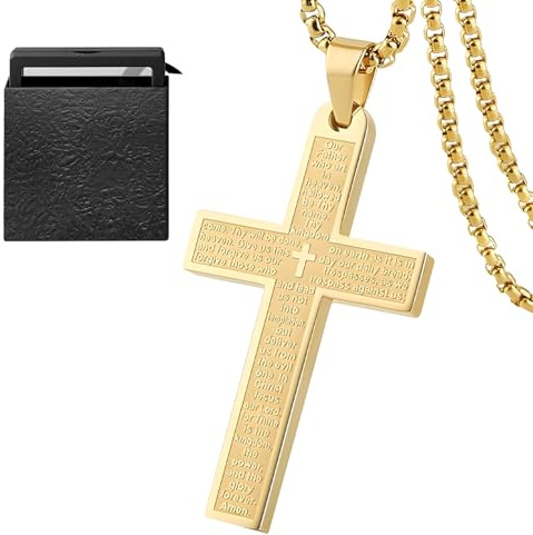 DIPZO Collar Crucifijo de Acero Inoxidable, Colgante Cruz Cristiana con Cadena de 60 cm, Collar Cruz Dorada para Hombre Mujer, Regalo Religioso para Pascua Navidad Cumpleaños