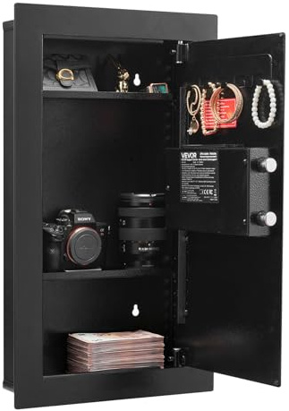 VEVOR Coffre-fort Mural, Armoire Forte Dissimulée à 3 Niveaux, Déverrouillé par Clavier et Clé, Boîtier Encastrable en Acier Laminé à Froid, avec LED, 2 Étagères Réglables et Porte-clés, pour Argent