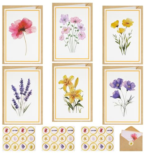 JIANTA 36 tarjetas de agradecimiento con sobres, 6 modelos de tarjetas en blanco con motivos florales, tarjetas de felicitación para bodas, cumpleaños, baby showers, invitaciones, 10 x 15 cm