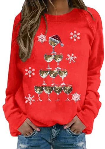 Generisch Camicetta natalizia da donna, divertente maglione natalizio con bicchiere di vino rosso, motivo natalizio senza cappuccio, felpa girocollo a maniche lunghe, maglione natalizio oversize, O