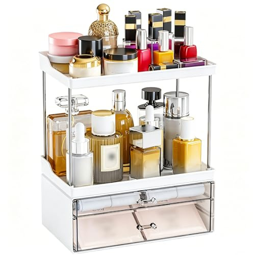 Makeup Organiser, Cosmetic Storage with 2 Tier Clear Drawers, SkinCare Organizers for Bathroom Countertop and Dresser Countertop, Cosmetic Display Cases for Large Skincare, Perfume, Lipsticks, Eyeshad
