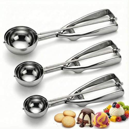 3 st glassskopor, kakskopa set med ergonomisk avtryckare och enkel frigöring, rostfritt stål non-stick spegelpolerad, diskmaskinssäker rostbeständig för hembakning, köttbullar, frukt och efterrätter