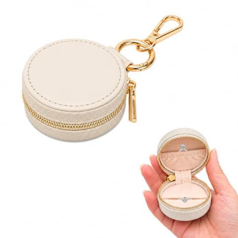 baotongle Jewelry Box with Keychain Mini Portable Travel Jewelry Box Small Storage Box for Ring Keyring Jewellery Holder Round Design (White)