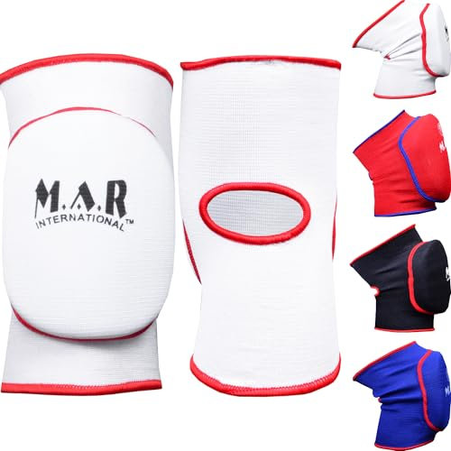 MAR | White Elasticated Knee Pads for Protection and Combat Sports, Martial Arts Knee Support for Men and Women, Karate Knee Support Brace, Taekwondo Protectors, MMA Knee Pads for Adults (S)