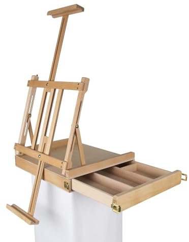 Paintersisters Professionelle Tischstaffelei, Sitzstaffelei aus FSC Buchenholz, Keilrahmen bis 80cm, Kunstkoffer, Skizzenbox, klappbar