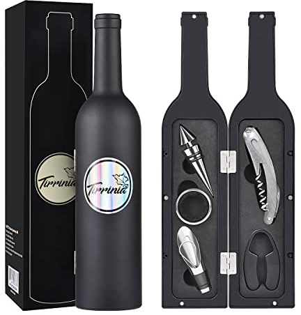 Kato Wine Accessories Gift Set - Bottle Corkscrew Opener Kit, Drip Ring, Foil Cutter, Wine Pourer and Stopper in Novelty Bottle-Shaped Case - Valentine's Gift, Black