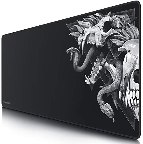 TITANWOLF - XXL Tappetino per Mouse da Gioco - Gaming Mousepad Extra Grande 900 x 400mm - Pad con Base in Gomma Antiscivolo - Spessore 3mm - Nero - Modello Wolf Skull