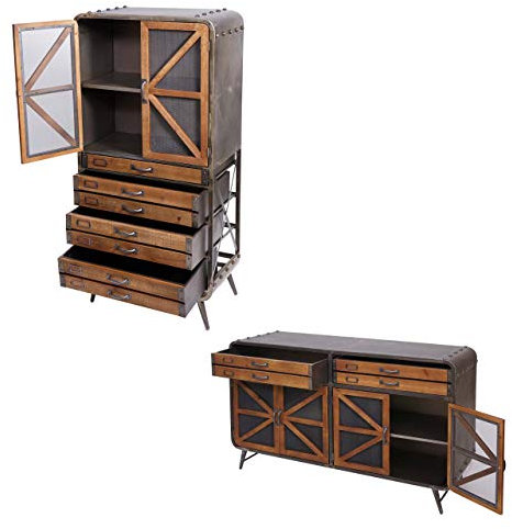 Wohnzimmer-Set HWC-F91, Sideboard Kommode Highboard Hochschrank, Industrial Tanne Holz Metall, braun-schwarz