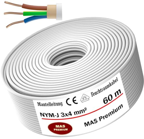 MAS Premium Feuchtraumkabel Stromkabel Mantelleitung Deutscher Marken-Elektrokabel Ring zur Verlegung über, auf, in und unter Putz, in trockenen, feuchten und nassen Räumen (NYM-J 3x4 mm², 60m)