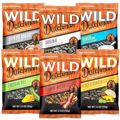 Wild Dutchman Roasted Sunflower Seeds in a Resealable Bag for Ultimate Freshness and an Easy Pour, 6 Flavor Variety Snack Pack, 5.5 oz (Pack of 6)
