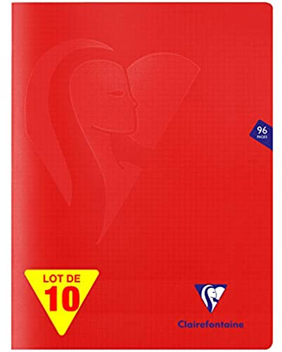 Clairefontaine 333362C Ett set med 10 röda Mimesys häftade anteckningsböcker - 24 x 32 cm - 96 sidor med små rutor - 90 g vitt papper - polyproomslag
