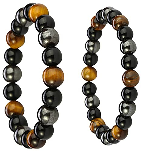 KRISFD Bracelet Triple Protection 2 Pièces Bracelet Obsidienne Noire Pierre Oeil De Tigre Hématite Noire 8 Mm, 10 Mm pour Hommes Et Femmes Cadeau