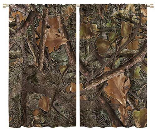Forest Camouflage Curtains, Forest Camo Conifer Oak Branches Leaves Mossy Hunting Lodge Camp Cabin Theme Blackout Windows Door Curtain for Bedroom Living Room Home Decor 72x63in