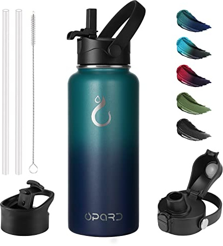 Opard 1L Edelstahl Trinkflasche, 3 Deckel (Strohhalmdeckel, Klappdeckel, Ausgießerdeckel)，Thermoskanne Vakuum Doppelwandisolierung Auslaufsicher Thermosflasche für Sport, Reisen, Camping