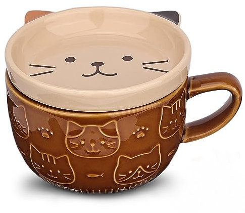 JNSMFC Cute Ceramic Cat Coffee Mug with Lid,Kawaii Coffee Mugs or Tea Cups,Funny Novelty Cat Breakfast Mugs for Women Wife Mum Girls Boys Friends Kids Christmas Birthday Gift,300ML（Brown）