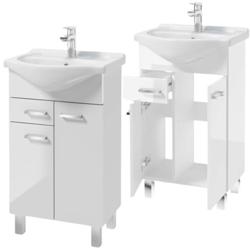 .Deftrans Domodomo - Mueble de baño con Lavabo, 85 x 50 x 42 cm, Mueble de baño de pie con cajón y Armario Inferior, Lacado, Elegante Juego con Lavabo de cerámica (Blanco) Mueble baño con Lavabo