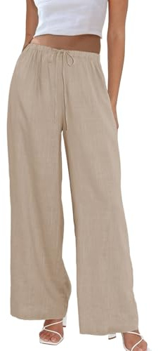 Duyang Womens Cotton Linen Palazzo Pants Drawstring Elastic Waist Casual Wide Leg Trousers with Pockets(Khaki,XL)