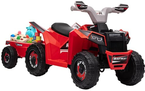 HOMCOM Quad Eléctrico para Niños con Remolque a Batería 6V, Quad para Niños de 18-36 Meses con Velocidad 2,5 km/h, 6 Ruedas y Manillar Antideslizante, 106x41,5x48,5 cm, Rojo