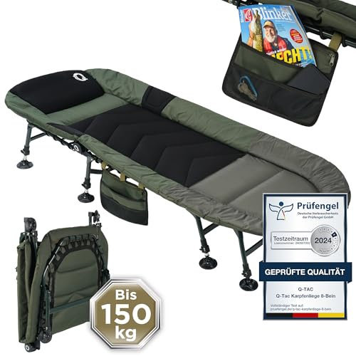 Q-Tac Karpfenliege [Stabil, Bequem & Leicht zu Reinigen] - Angelliege mit extragroßen Schlammfüßen, Angelliege Karpfenliege, Campingliege, Feldbett