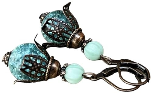 Vintage Ohrringe mit böhmischen Glasperlen - türkis & kupfer, Knospen, Blüten