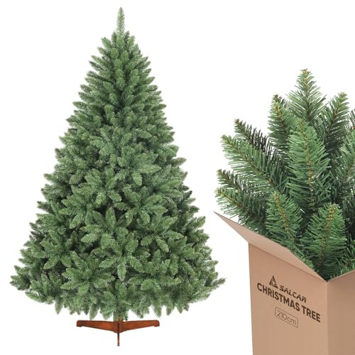 SALCAR Árbol de Navidad Artificial de 210 cm, con Soporte de Madera, de Color Verde, 2,1 Metros y diámetro aproximado de 148 cm