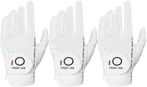 FINGER TEN Gants de Golf Homme Main Gauche 3 Pack Rain Grip pour Droitier Golfeur Noir Blanc Mouillé Tous Temps (Blancs, Medium)