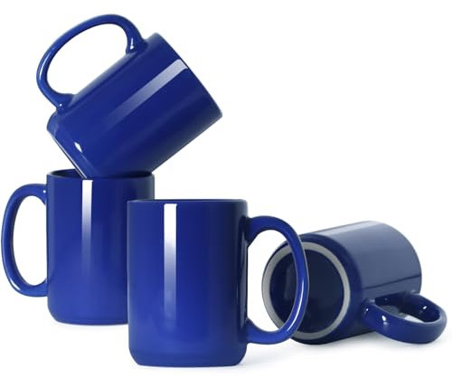 Smilatte 450ml Porcelain Coffee Mugs, Classic Blank Ceramic Cup with Large Handle for Tea Latte Cappuccino, Set of 4, Blue