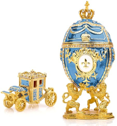Vtry Decorative Russian Easter Egg Replica Extra Large 6.6 inch Hand Painted Jewelry Trinket Box for The Ultimate Home Decor Comes with Gift Vintage Carriage (Aqua2)