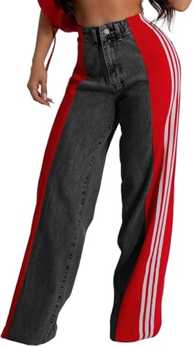 Suncadmious Jeans pour Femmes à Rayures Patchwork Taille Haute Jean Ample à Blocs de Couleurs en Denim Pantalon Droit à Jambes Larges (noir1,M)