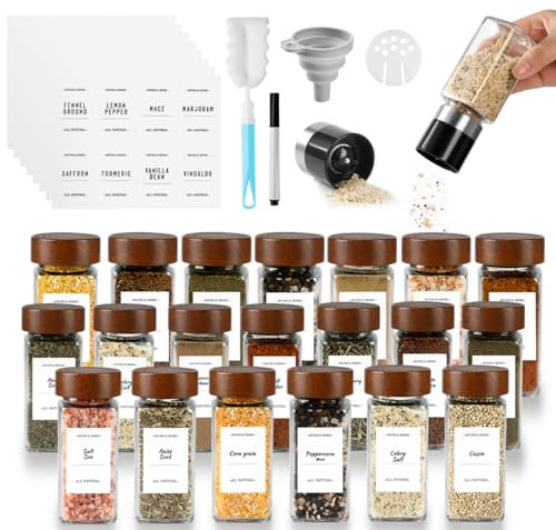 FRIBERG Set di 20 barattoli rettangolari per spezie, in vetro con coperchio in legno, 120 ml, con 2 macinaspezie per la conservazione di spezie, contenitori per spezie