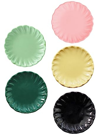 TOYANDONA Lot de 5 Assiettes Miniatures de Maison de Poupée pour Garçon et Filles, Assortiment Noir Vert Clair Jaune Rose, Accessoires Cuisine Jouets, Décor Réaliste pour Jeu Créatif, Petit