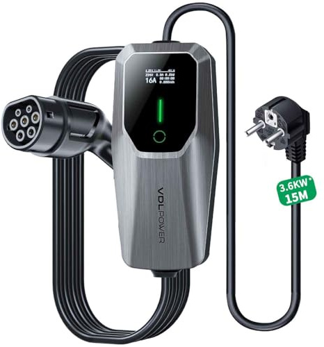 VDLPOWEREU laddningskabel typ 2, 3,6 KW/15 m laddningskabel, elbil, 6 A-16 A LED-skärm, bärbar EV-laddare, typ 2 laddningskabel för elfordon med enfas EU-Schuko, IP65 (standard IEC 62196-2)