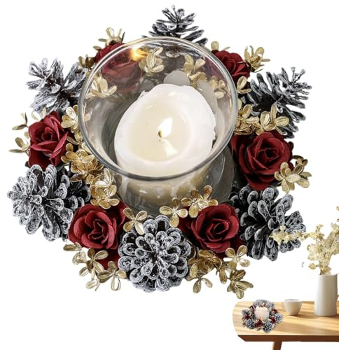 Christmas Wreath for Candles, Christmas Candlestick Wreath, Artificial Pine Cone Floral Holiday Decoration for Table Centerpiece Winter Home Wedding Party Mantel Cabinet Desk