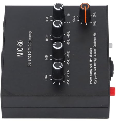 YWBL-WH Microphone Amplifier, Portable 48V Power AMP with 3 Input Options for Dynamic and Condenser Mics, High Gain 60dB Aluminum Alloy Sound Booster for Home Studio and Live