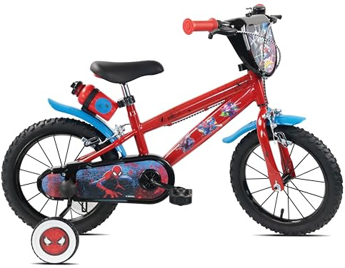 Velo 14 Pouces Spiderman équipé de 2 Freins, Plaque Avant décorative, bidon arrière, Roues à Rayons, pneus gonflables, stabilisateurs Amovibles et eclairages LEDs Inclus