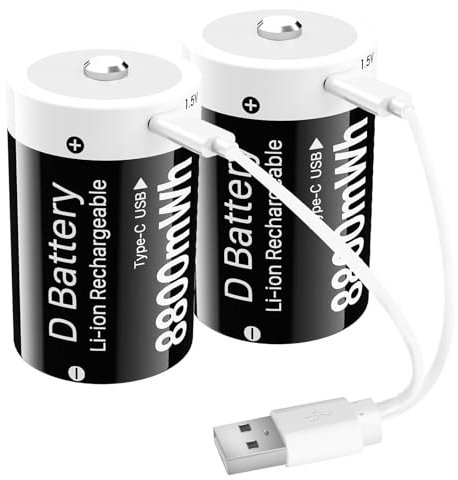 (8800mWh) Piles D Rechargeables USB-C, Nouvelle Mise à Niveau de Rechange de Batterie Lithium D Cell de Haute capacité pour Projecteurs, Jouets Électroniques etc. - Lot de 2