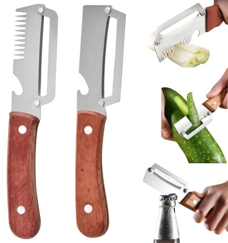 KASESSS 2 Pezzi Pelapatate Multifunzione, 3 in 1 Pelapatate Professionale, Pela Patate Set in Acciaio Inox Pela Patate e Verdure Manico in Legno, Apribottiglie Tagliare il Cipollotto a Julienne