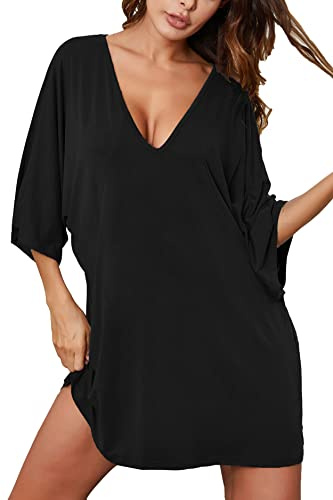 Ekouaer Women's Sleepshirt Deep V Neck Nightgown Batwing Nightshirt Oversized Sleepwear, Black, XX-Large