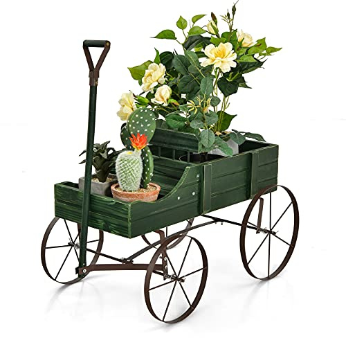 COSTWAY Carrito de Madera Maceta, Maceta Decorativa con Ruedas y 2 Secciones para Plantas, Porta Plantas de Exterior para Jardín, Patio, Terraza 62 x 34 x 60 cm (Verde)