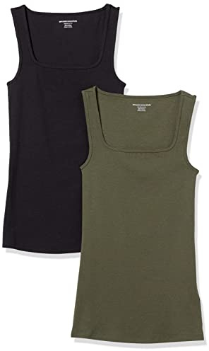 Amazon Essentials Women's Slim-Fit Square Neck Tank Top, Pack of 2, Black/Dark Olive, XXL