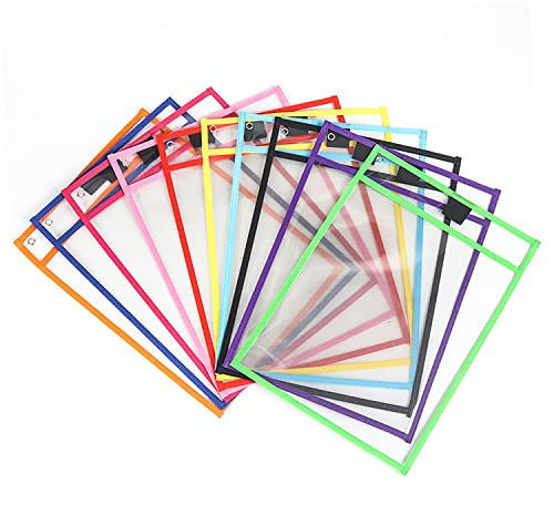 ACONDE 10 Stück Dry Erase Taschen, Wiederverwendbare A4 Trocken Abwischbare Taschen mit 10 Whiteboard-Stiften,2 Radiergummis und 2 Edelstahl-Ringe, für Büro und Schule