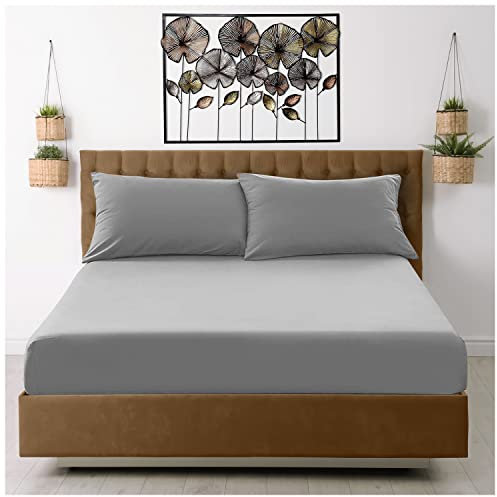 GC GAVENO CAVAILIA Super Dreamer King Size Fitted Sheet Grey - Plain Bedding Sheet With Elastic Corner - Polyester Fabric Bedsheet